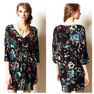 Anthropologie Maeve Dress Sz M Black Floral Mini Pockets V-Neck